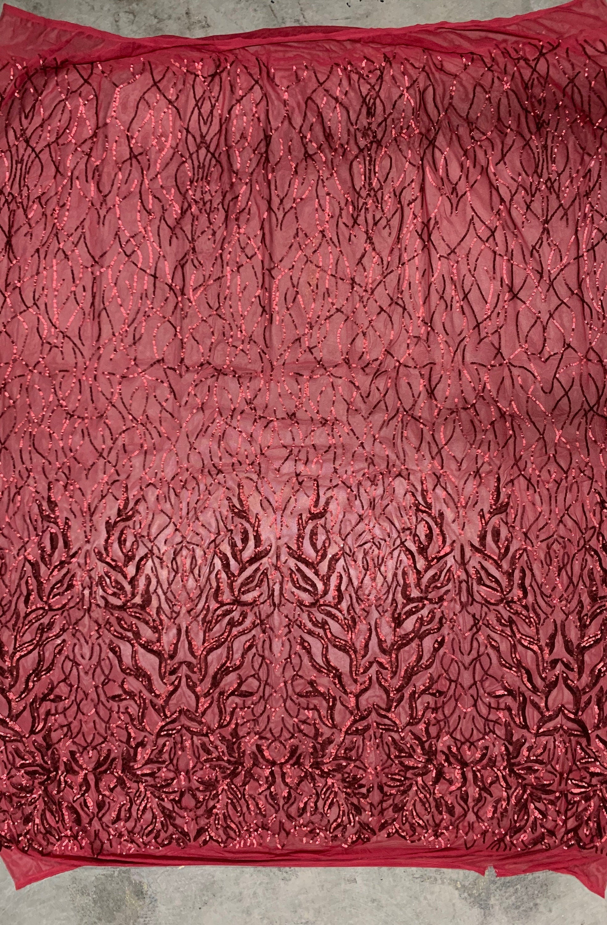 Frances BURGUNDY Vines and Leaves Sequins on Mesh Lace Fabric by the Yard - 10153