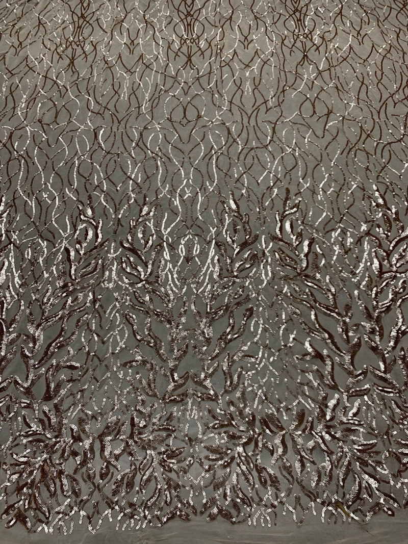 Frances CHAMPAGNE Vines and Leaves Sequins on Mesh Lace Fabric by the Yard - 10153