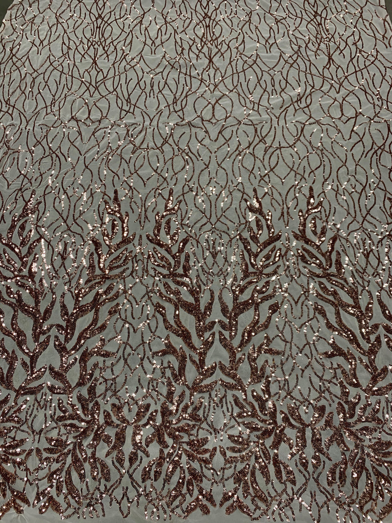 Frances COPPER Vines and Leaves Sequins on Mesh Lace Fabric by the Yard - 10153