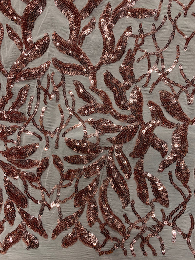 Frances COPPER Vines and Leaves Sequins on Mesh Lace Fabric by the Yard - 10153