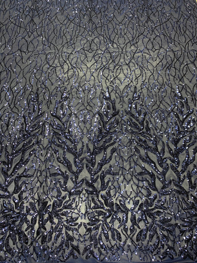 Frances NAVY BLUE Vines and Leaves Sequins on Mesh Lace Fabric by the Yard - 10153