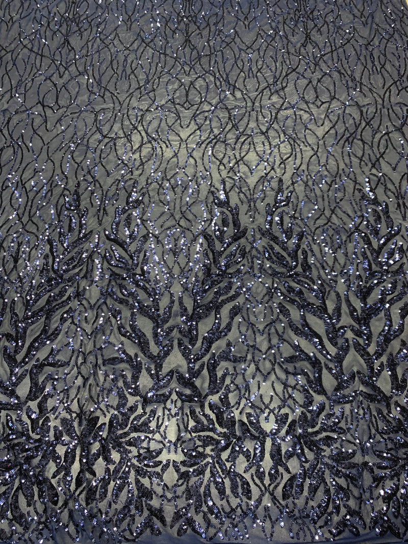 Frances NAVY BLUE Vines and Leaves Sequins on Mesh Lace Fabric by the Yard - 10153