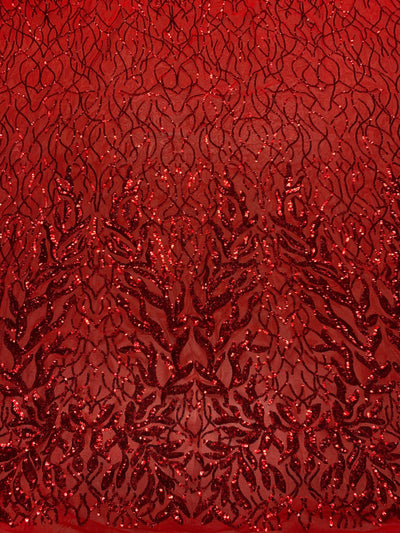 Frances RED Vines and Leaves Sequins on Mesh Lace Fabric by the Yard - 10153