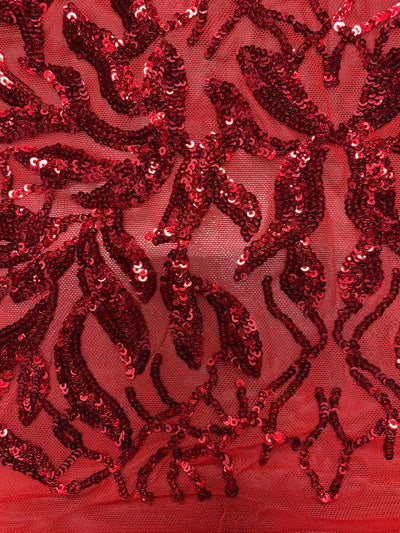 Frances RED Vines and Leaves Sequins on Mesh Lace Fabric by the Yard - 10153