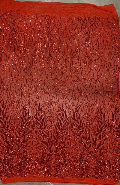Frances RED Vines and Leaves Sequins on Mesh Lace Fabric by the Yard - 10153
