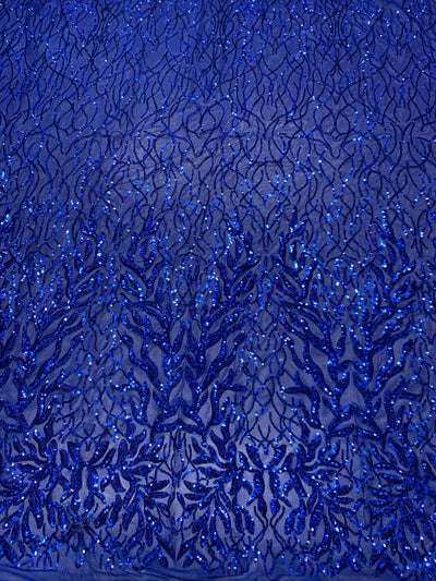 Frances ROYAL BLUE Vines and Leaves Sequins on Mesh Lace Fabric by the Yard - 10153