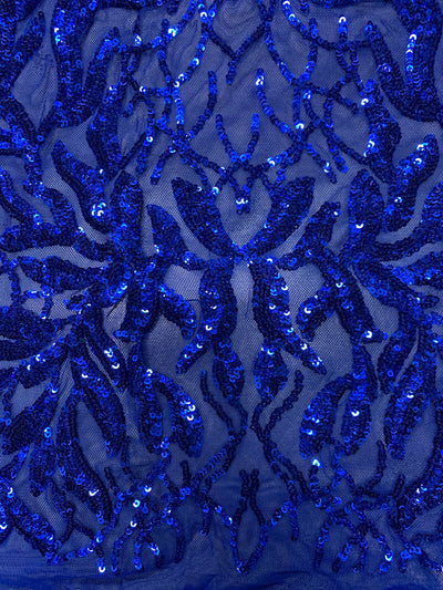 Frances ROYAL BLUE Vines and Leaves Sequins on Mesh Lace Fabric by the Yard - 10153