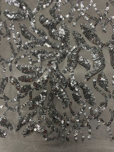 Frances SILVER Vines and Leaves Sequins on Mesh Lace Fabric by the Yard - 10153