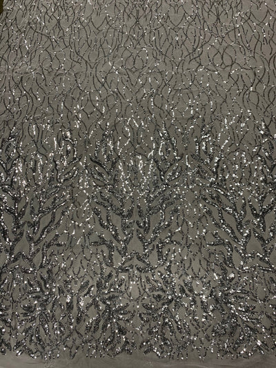 Frances SILVER Vines and Leaves Sequins on Mesh Lace Fabric by the Yard - 10153