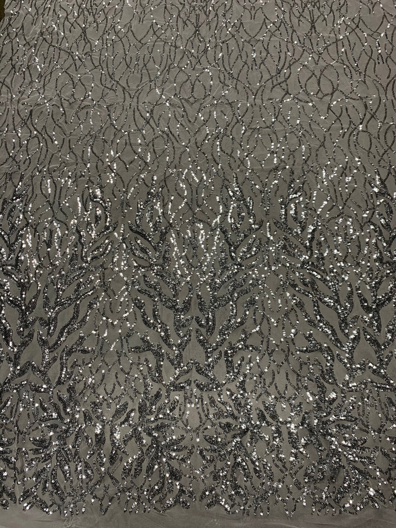 Frances SILVER Vines and Leaves Sequins on Mesh Lace Fabric by the Yard - 10153