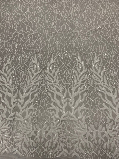 Frances WHITE Vines and Leaves Sequins on Mesh Lace Fabric by the Yard - 10153
