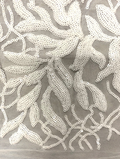Frances WHITE Vines and Leaves Sequins on Mesh Lace Fabric by the Yard - 10153