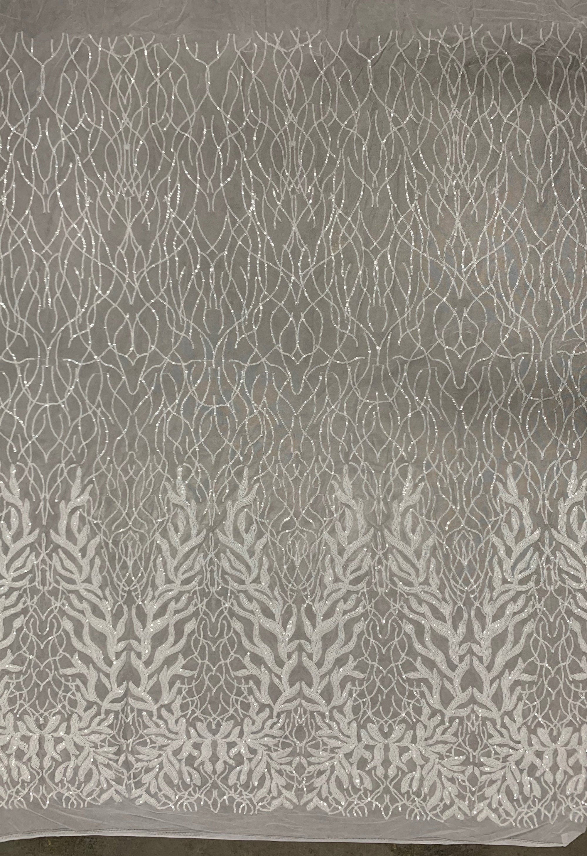 Frances WHITE Vines and Leaves Sequins on Mesh Lace Fabric by the Yard - 10153