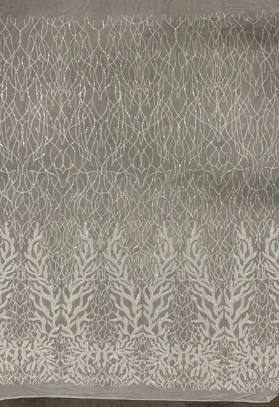 Frances WHITE Vines and Leaves Sequins on Mesh Lace Fabric by the Yard - 10153