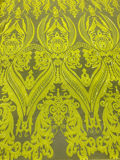 Alaina BRIGHT YELLOW Curlicue Sequins on Mesh Lace Fabric by the Yard - 10018 New Fabrics Daily