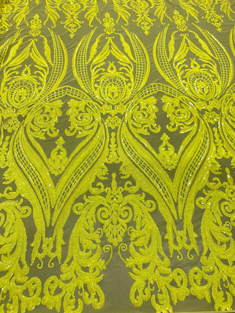 Alaina BRIGHT YELLOW Curlicue Sequins on Mesh Lace Fabric by the Yard - 10018 New Fabrics Daily