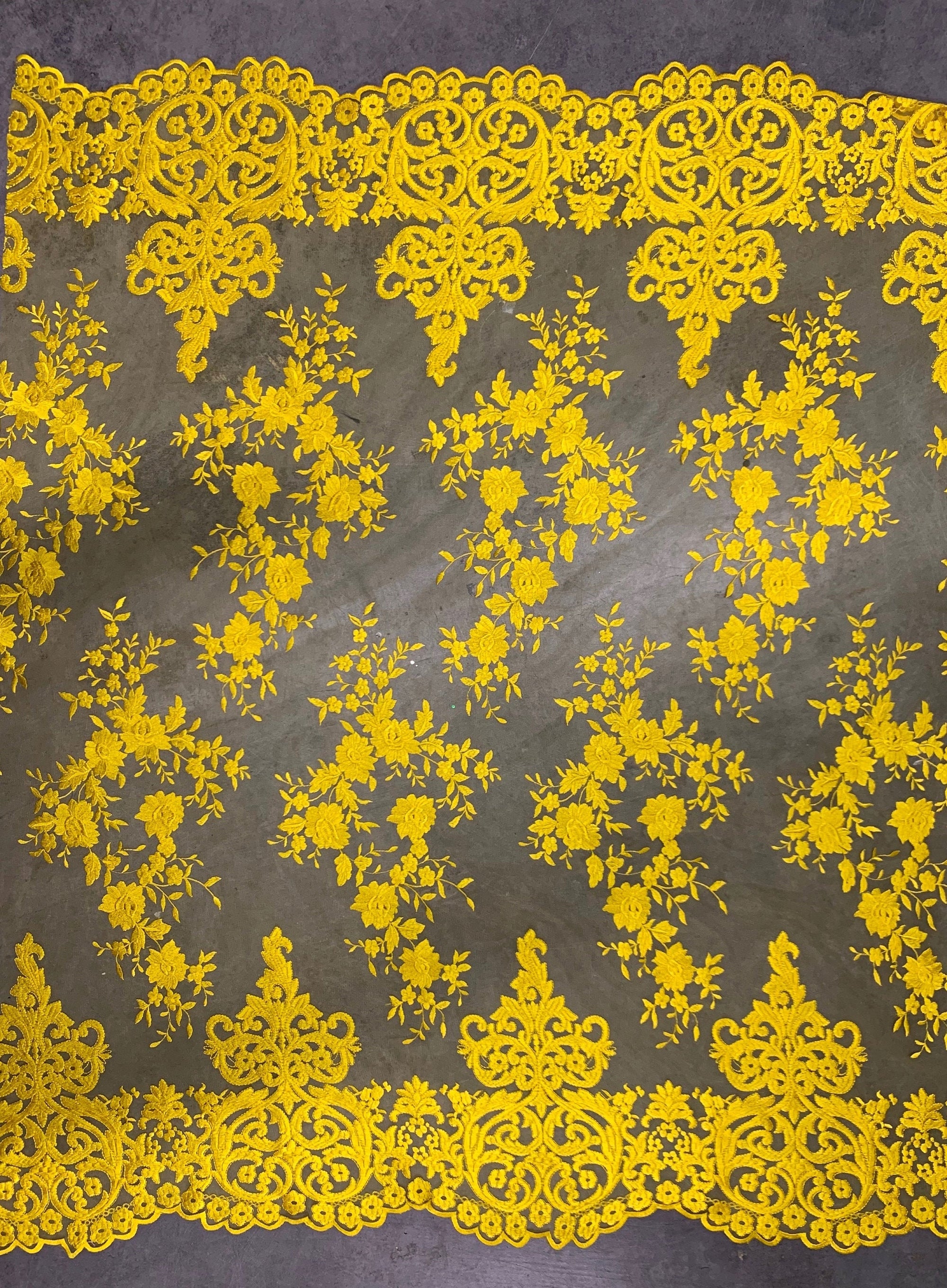Teagan BRIGHT YELLOW Damask Design Embroidered on Mesh Lace Fabric by the Yard - 10027