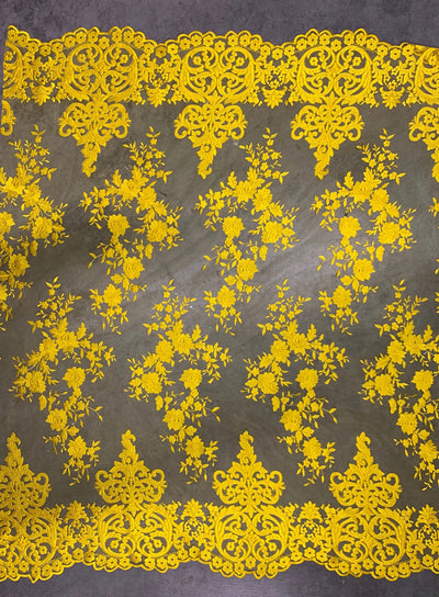 Teagan BRIGHT YELLOW Damask Design Embroidered on Mesh Lace Fabric by the Yard - 10027