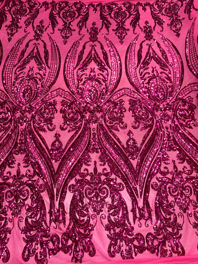 Alaina DARK PINK Curlicue Sequins on Dark Pink Mesh Lace Fabric by the Yard - 10018