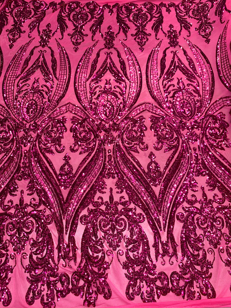 Alaina DARK PINK Curlicue Sequins on Dark Pink Mesh Lace Fabric by the Yard - 10018
