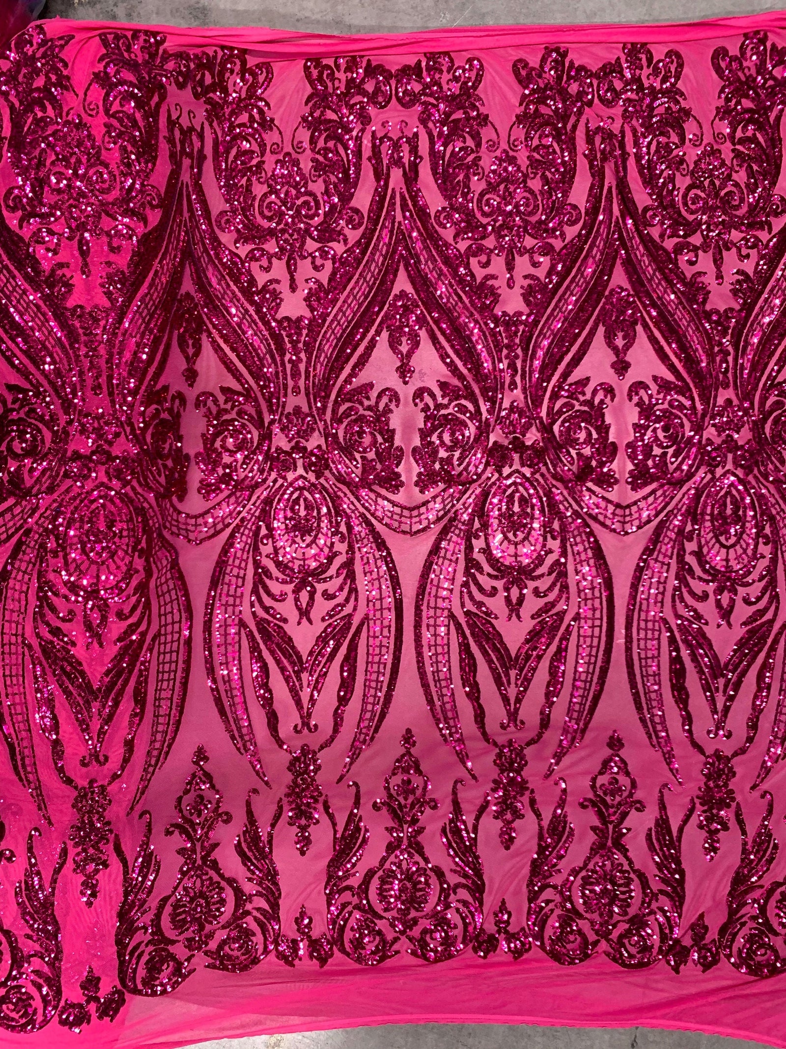 Alaina DARK PINK Curlicue Sequins on Dark Pink Mesh Lace Fabric by the Yard - 10018