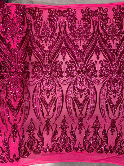Alaina DARK PINK Curlicue Sequins on Dark Pink Mesh Lace Fabric by the Yard - 10018