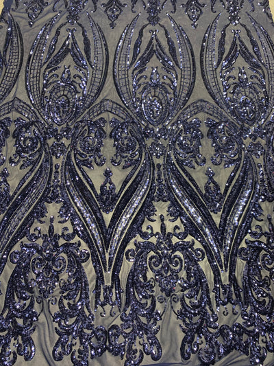 Alaina NAVY BLUE Curlicue Sequins on Mesh Lace Fabric by the Yard - 10018