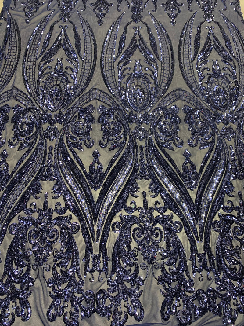 Alaina NAVY BLUE Curlicue Sequins on Mesh Lace Fabric by the Yard - 10018