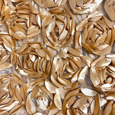 Maci CHAMPAGNE GOLD 3D Floral Polyester Satin Rosette on Mesh Fabric by the Yard - 10057