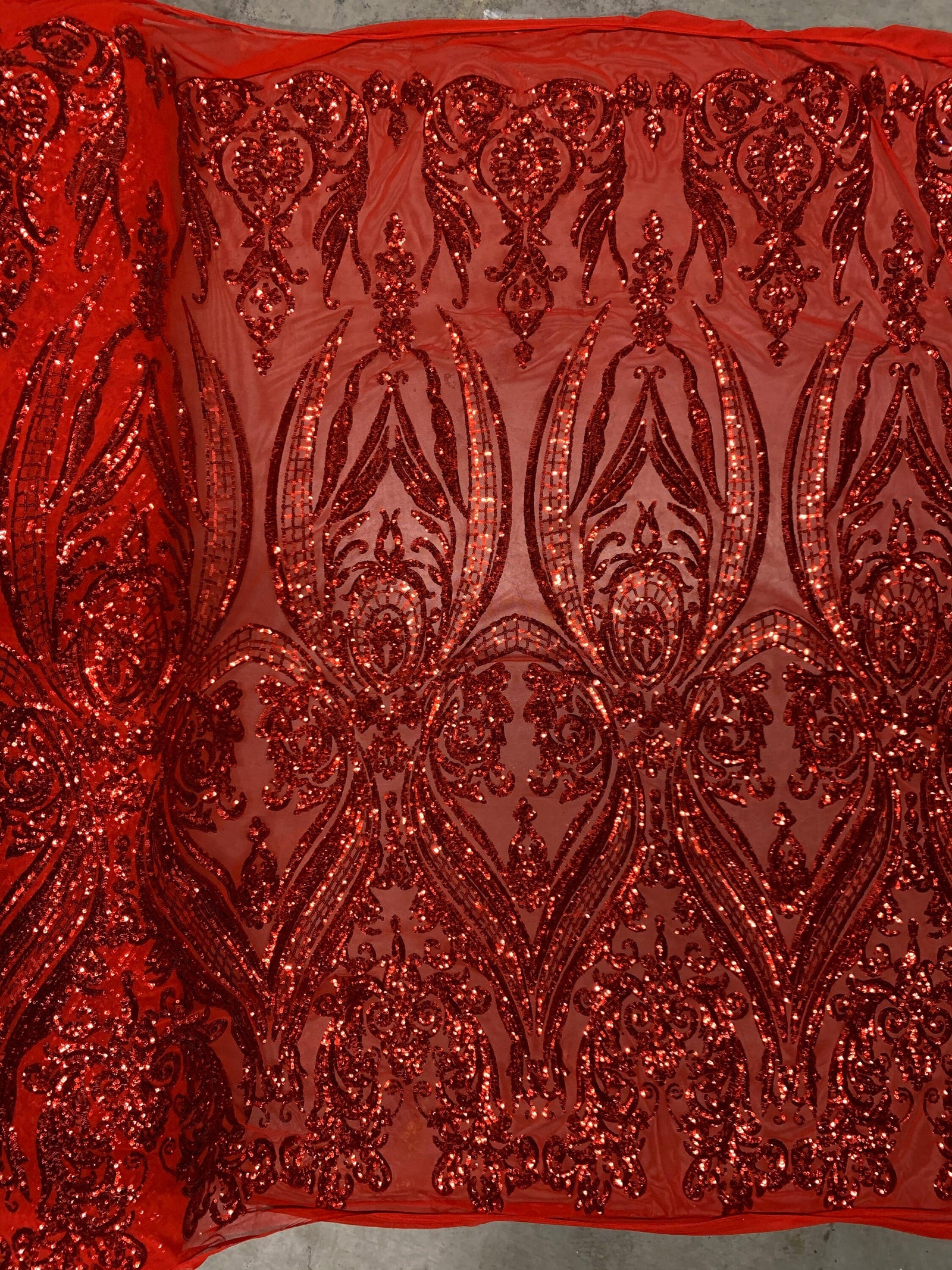 Alaina RED Curlicue Sequins on Mesh Lace Fabric by the Yard - 10018