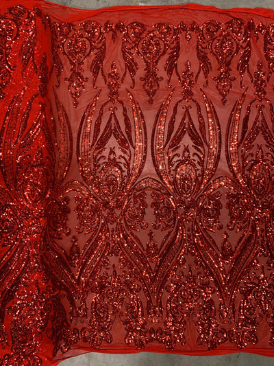 Alaina RED Curlicue Sequins on Mesh Lace Fabric by the Yard - 10018