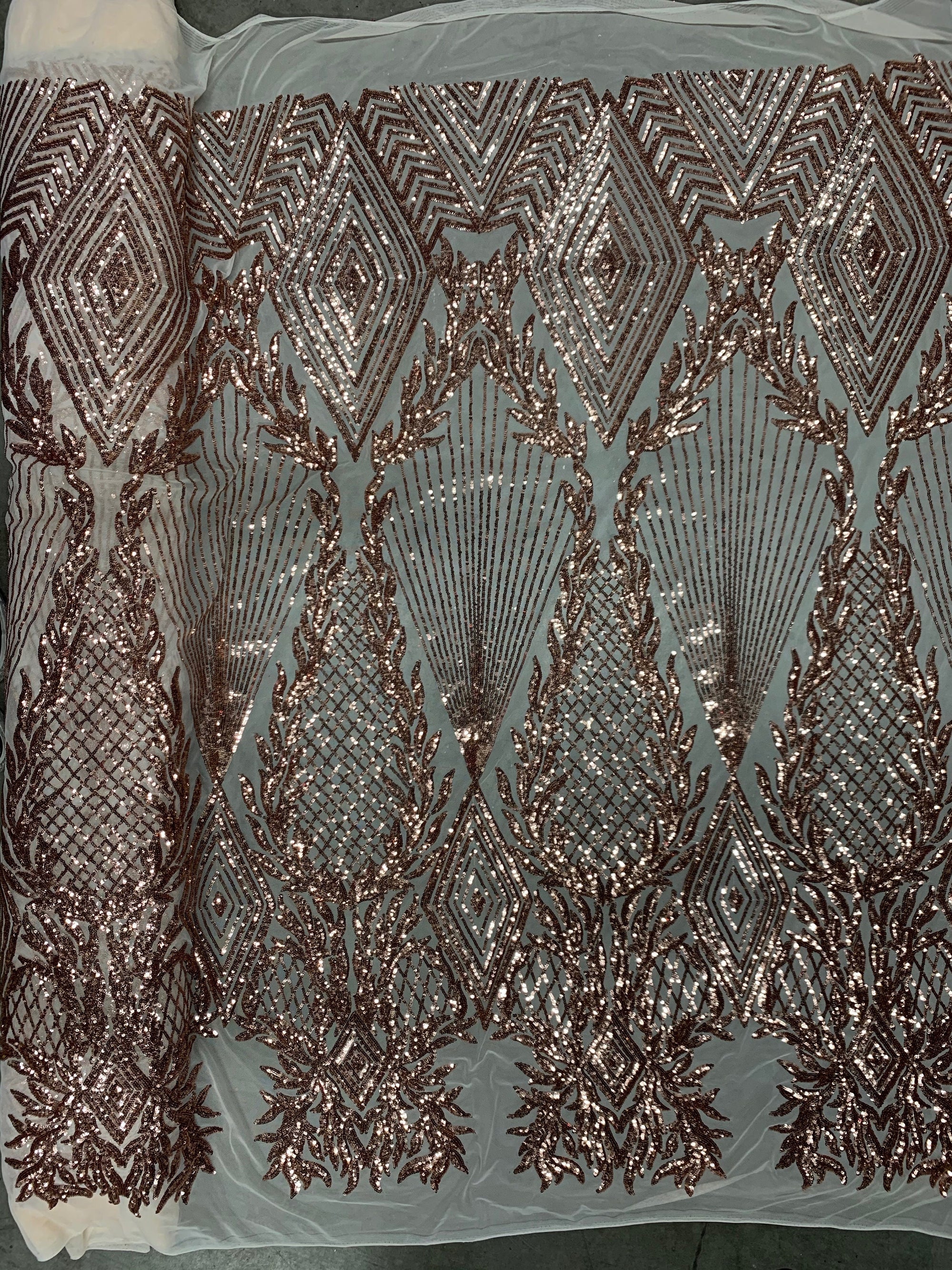 Francesca COPPER Vines and Diamonds Pattern Sequins on Mesh Lace Fabric by the Yard - 10130