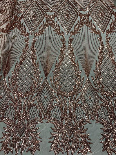 Francesca COPPER Vines and Diamonds Pattern Sequins on Mesh Lace Fabric by the Yard - 10130