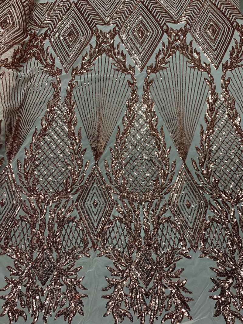 Francesca COPPER Vines and Diamonds Pattern Sequins on Mesh Lace Fabric by the Yard - 10130