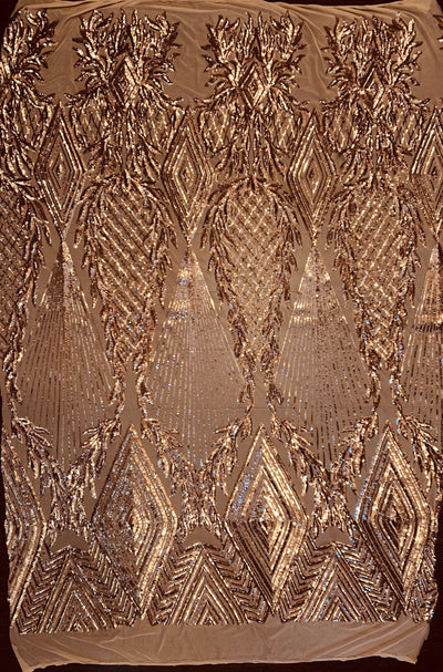 Francesca BRONZE Vines and Diamonds Pattern Sequins on Mesh Lace Fabric by the Yard - 10130