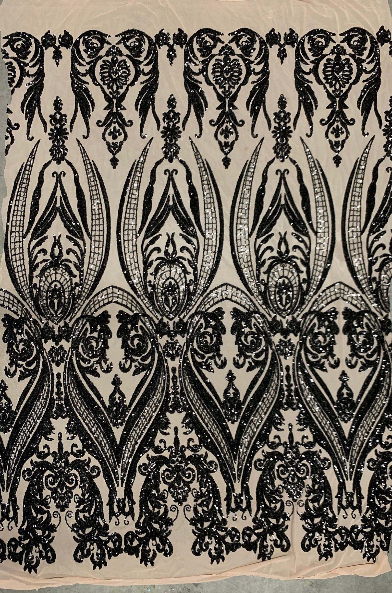 Alaina BLACK Curlicue Sequins on NUDE Mesh Lace Fabric by the Yard - 10018