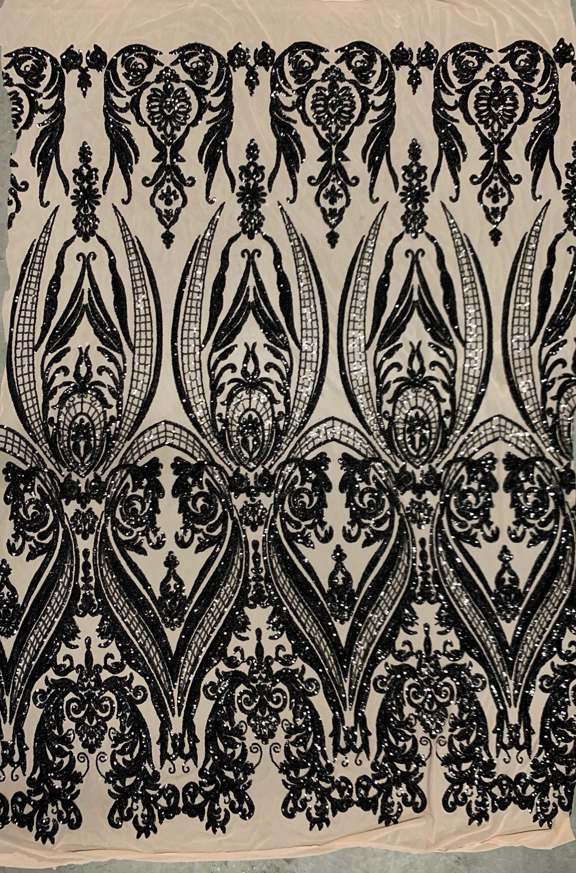 Alaina BLACK Curlicue Sequins on NUDE Mesh Lace Fabric by the Yard - 10018