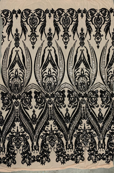 Alaina BLACK Curlicue Sequins on NUDE Mesh Lace Fabric by the Yard - 10018