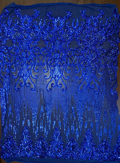 Angelica ROYAL BLUE Curlicues and Leaves Sequins on Mesh Lace Fabric by the Yard - 10132