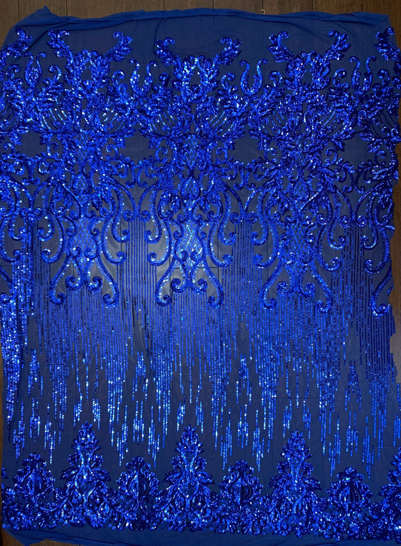 Angelica ROYAL BLUE Curlicues and Leaves Sequins on Mesh Lace Fabric by the Yard - 10132