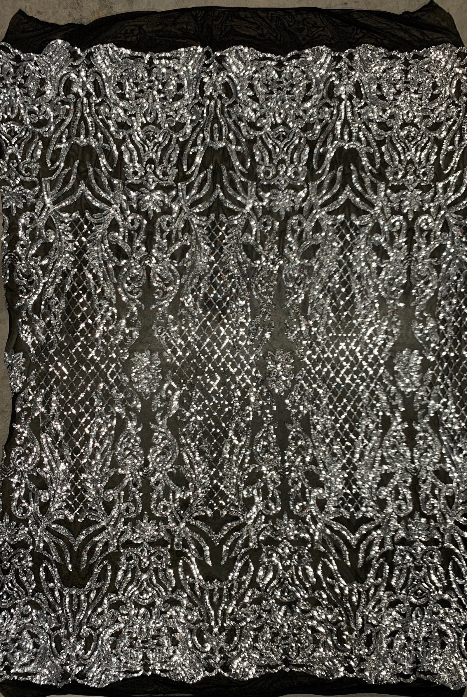 Phoebe SILVER Sequins on BLACK Mesh Lace Fabric by the Yard - 10062