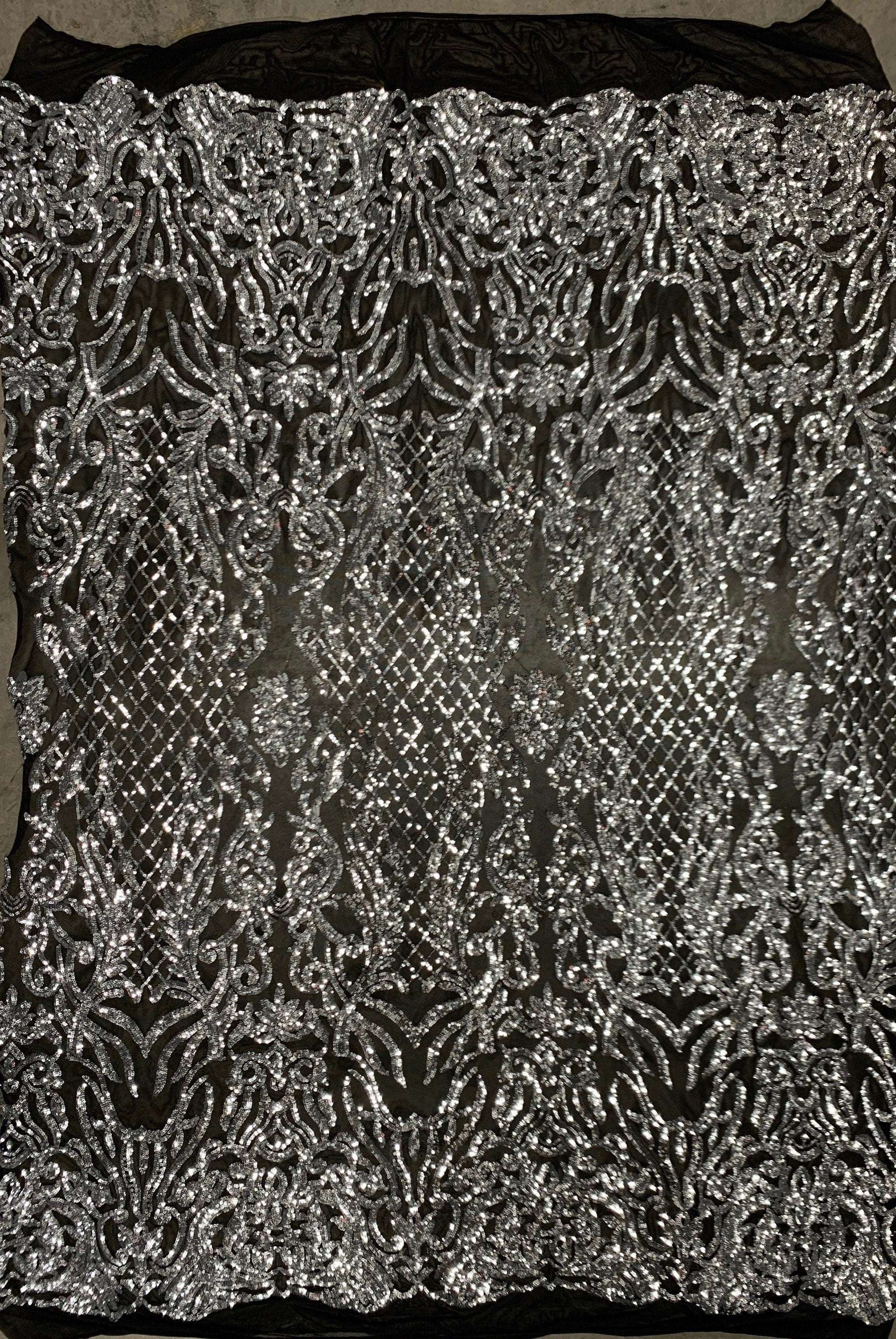 Phoebe SILVER Sequins on BLACK Mesh Lace Fabric by the Yard - 10062