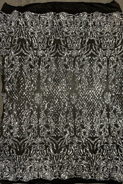Phoebe SILVER Sequins on BLACK Mesh Lace Fabric by the Yard - 10062
