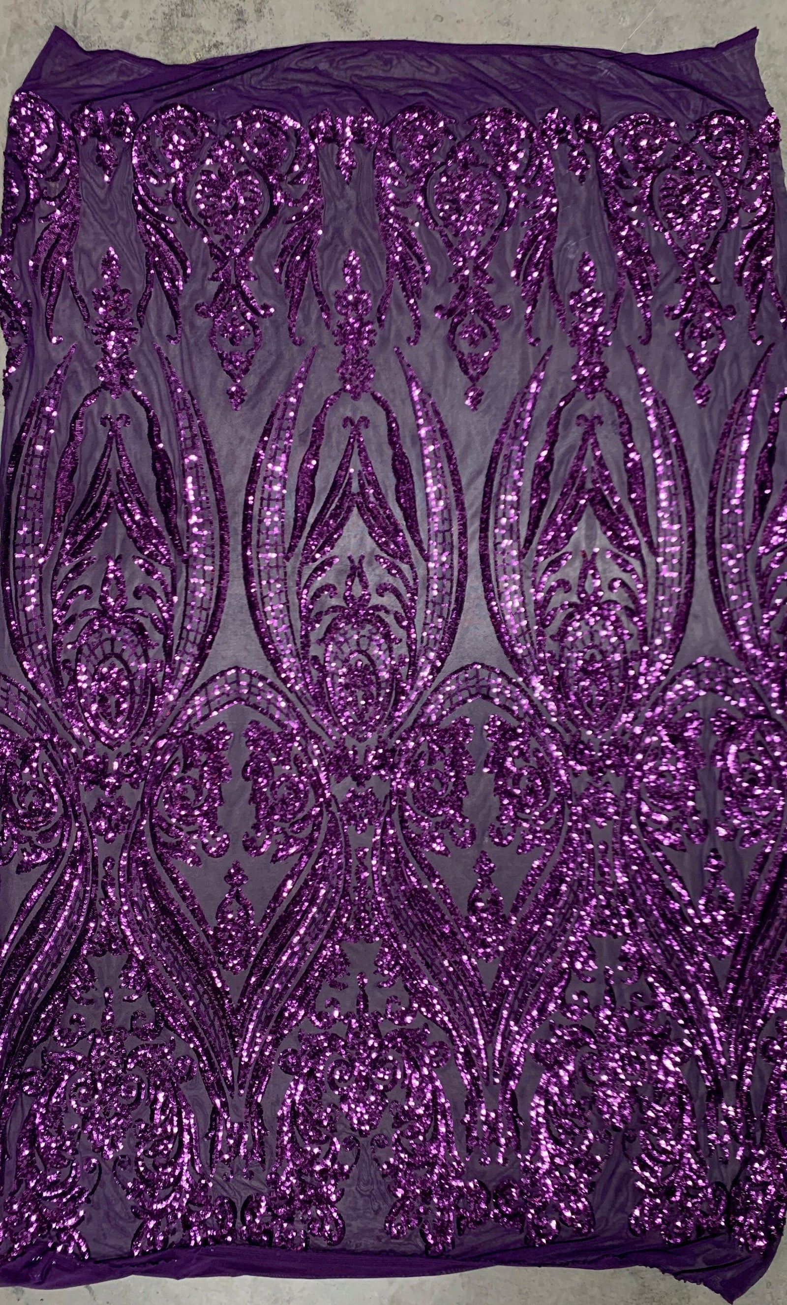 Alaina PLUM Curlicue Sequins on Mesh Lace Fabric by the Yard - 10018