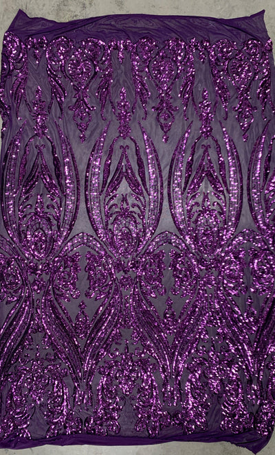 Alaina PLUM Curlicue Sequins on Mesh Lace Fabric by the Yard - 10018