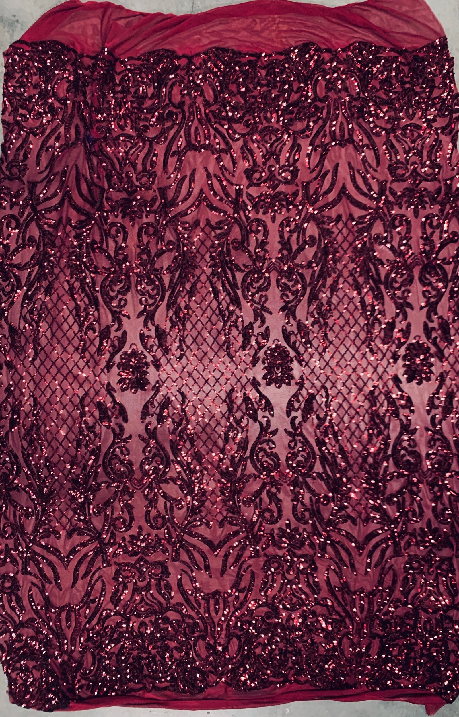 Phoebe BURGUNDY Sequins on Mesh Lace Fabric by the Yard - 10062