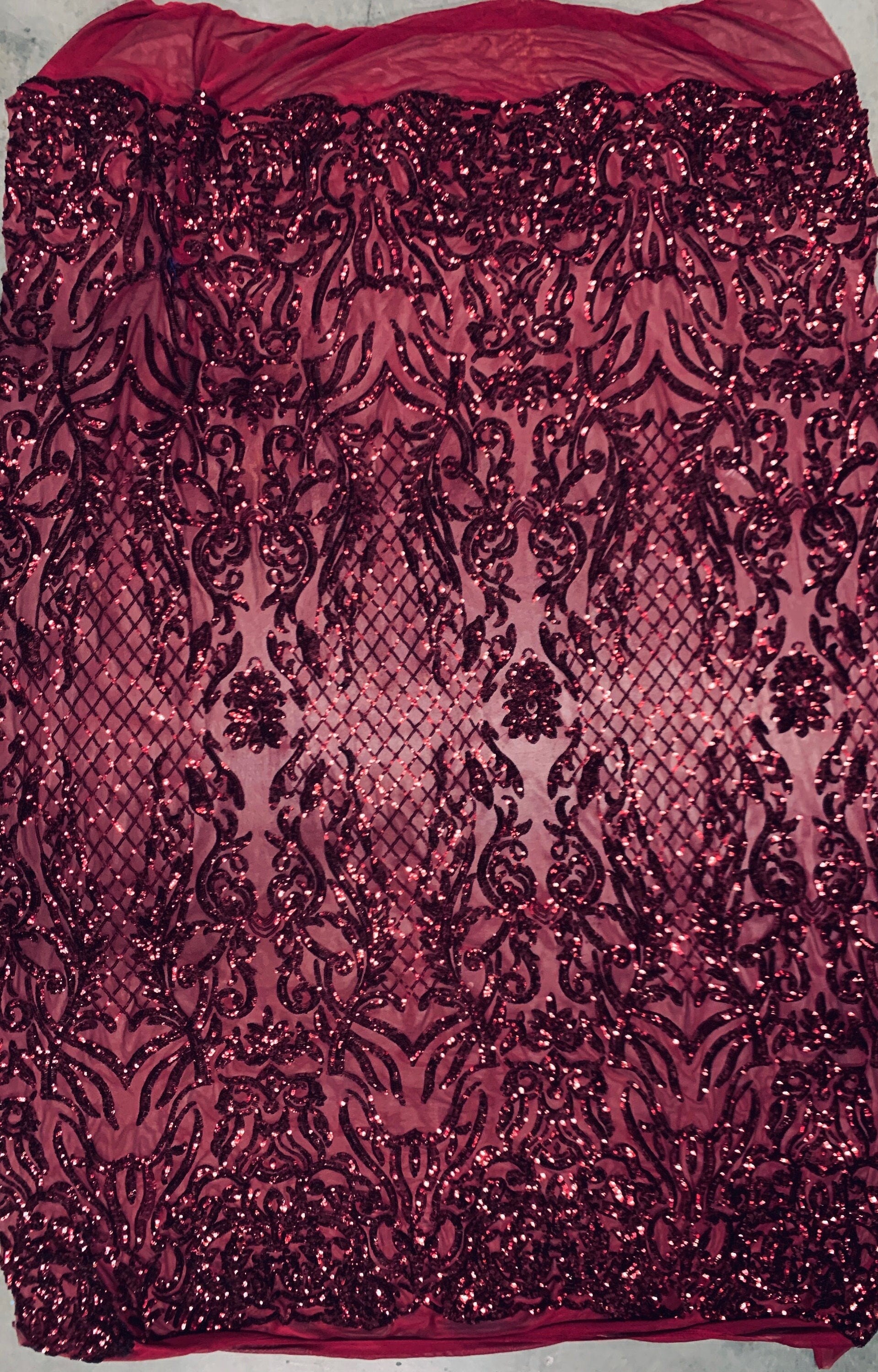 Phoebe BURGUNDY Sequins on Mesh Lace Fabric by the Yard - 10062