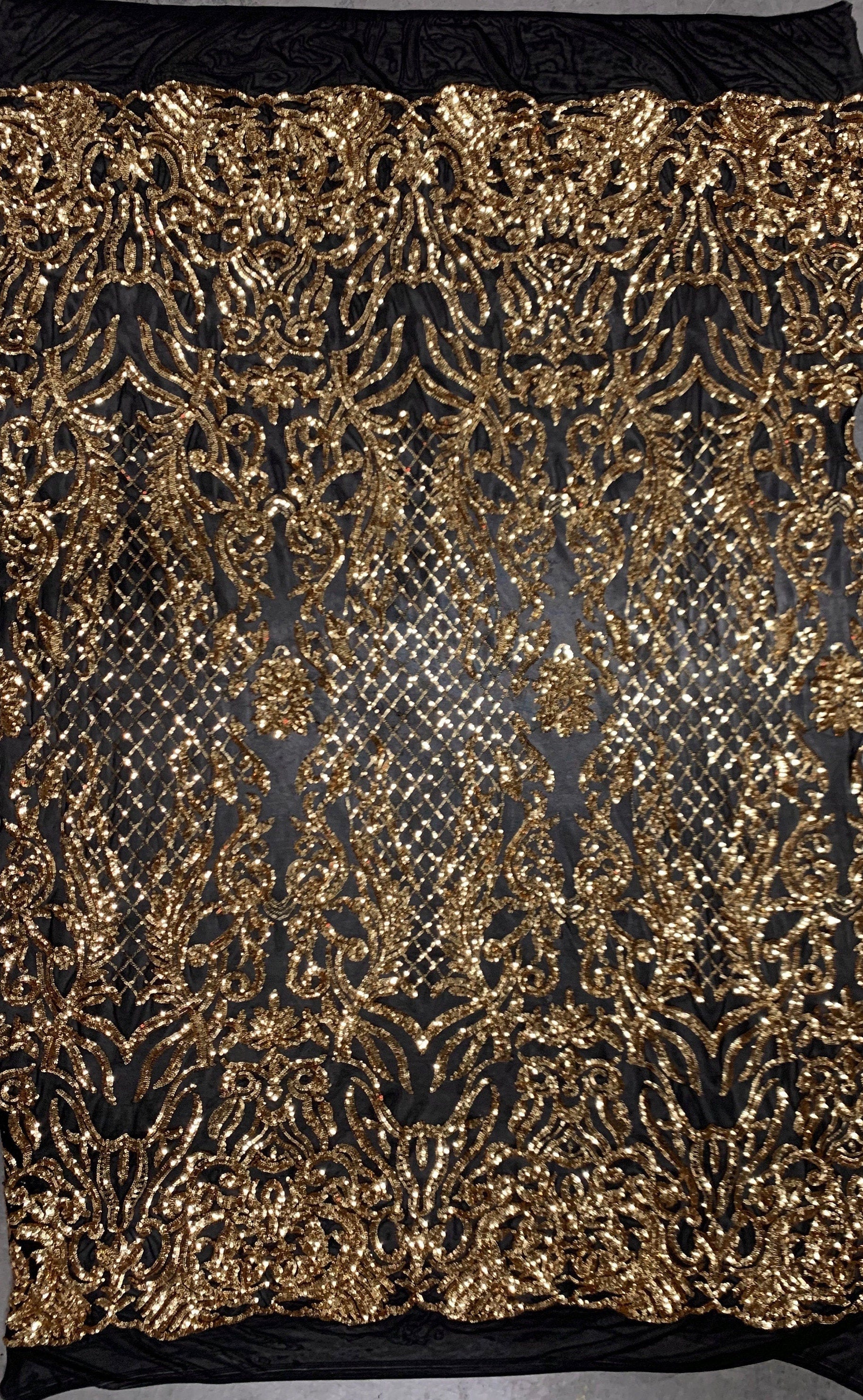 Phoebe GOLD Sequins on BLACK Mesh Lace Fabric by the Yard - 10062