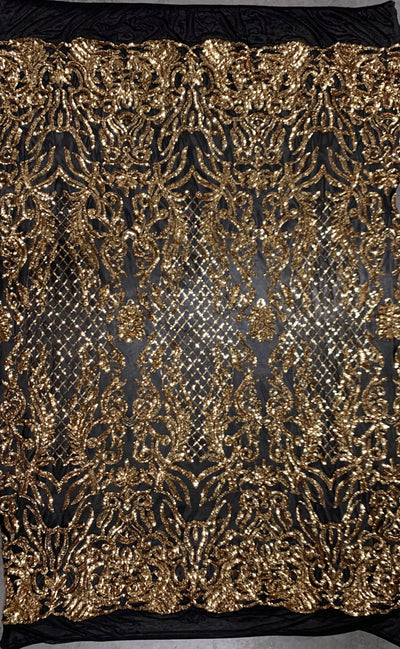 Phoebe GOLD Sequins on BLACK Mesh Lace Fabric by the Yard - 10062