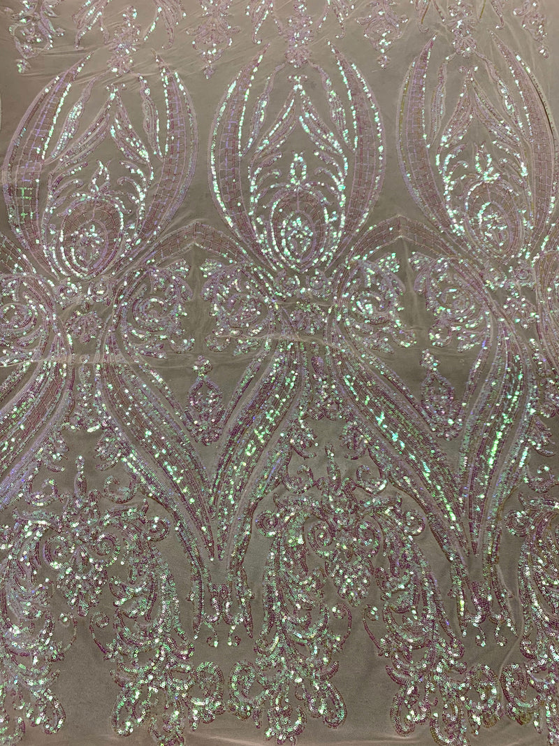 Alaina BLUSH PINK IRIDESCENT Curlicue Sequins on Mesh Lace Fabric by the Yard - 10018